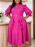 AOMEIDRESS Chiffon Dress Cut Out Neck 3/4 Ruffles Puff Sleeves Belt