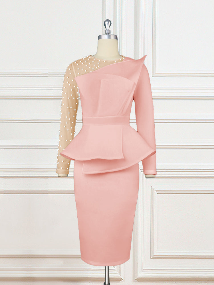 AOMEI Beading Mesh Patchwork Office Dress Midi Pink / L