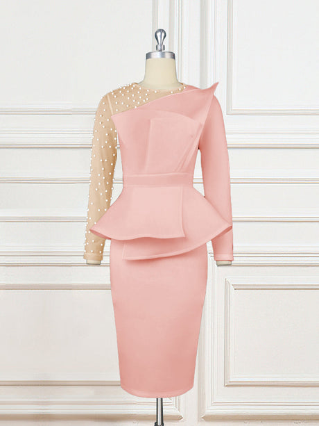 AOMEI Beading Mesh Patchwork Office Dress Midi Pink / L