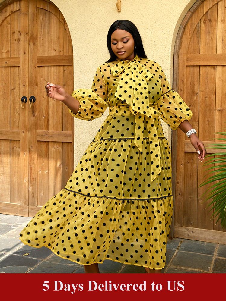 Yellow Polka Dots A-line Sash Dress