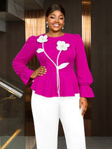 AOMEIDRESS Women Party Shirt O Neck 3D Flower Long Sleeve Peplum Top