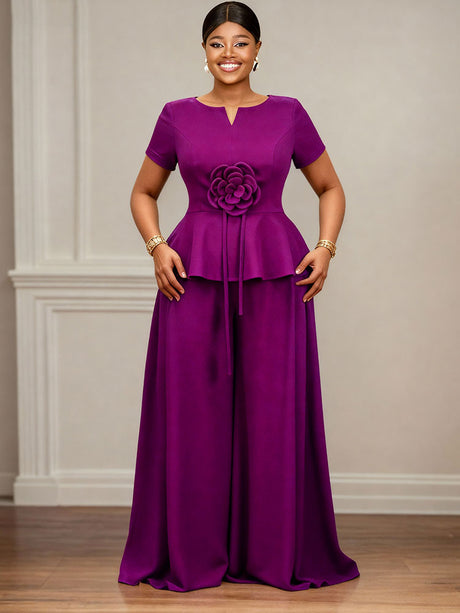 AOMEIDRESS Elegant Two Piece Set 3D Flower Peplum Top Wide Leg Pants Purple / L