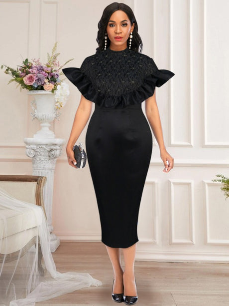 AOMEIDRESS Black Vintage Dress Mock Neck Cape Sleeve Lace Patchwork High Waist Slim