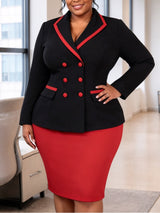AOMEIDRESS Colorblock Set Notch Lapel Long Sleeve Blazer Pencil Skirt