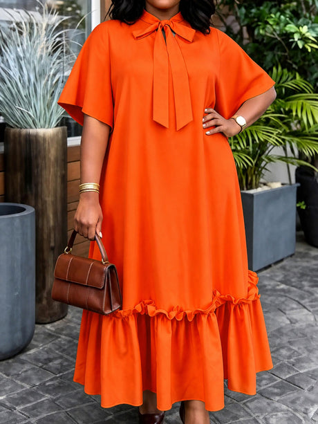 AOMEIDRESS Women Loose Long Dresses Ruffles Hem Africa Solid Church
