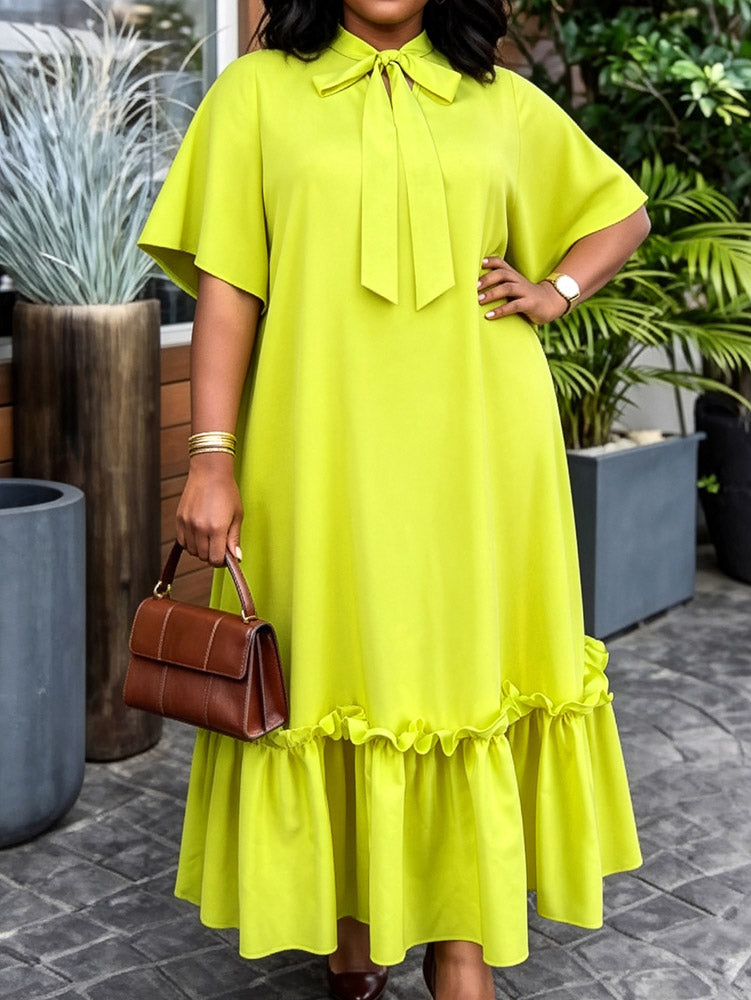 AOMEIDRESS Women Loose Long Dresses Ruffles Hem Africa Solid Church
