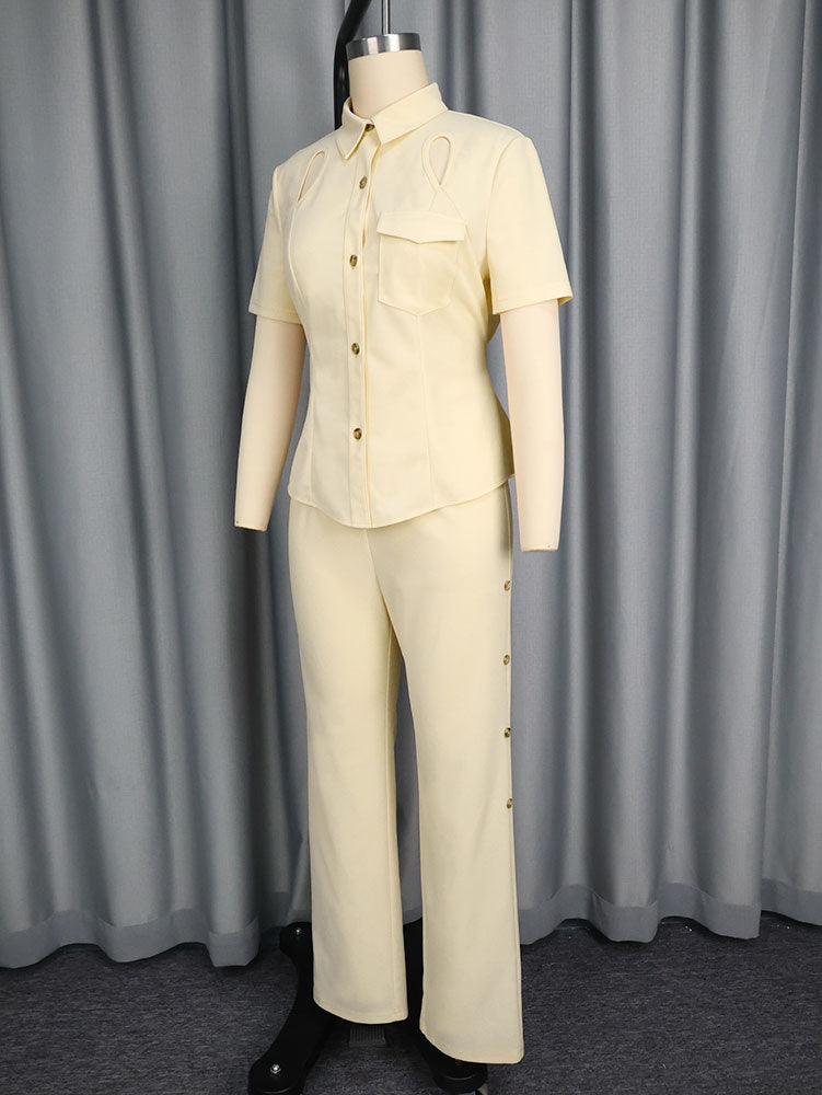 AOMEIDRESS Office Two Pieces Set Short Sleeves Tops Full Length Pants