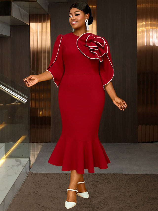 AOMEIDRESS Bodycon Red Mermaid Dress with 3D Flower for Wedding Party Red / S