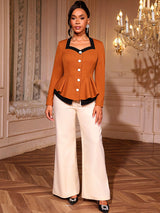 AOMEIDRESS Stylish Two Piece Set Brown Buttons Top Wide Leg Pants