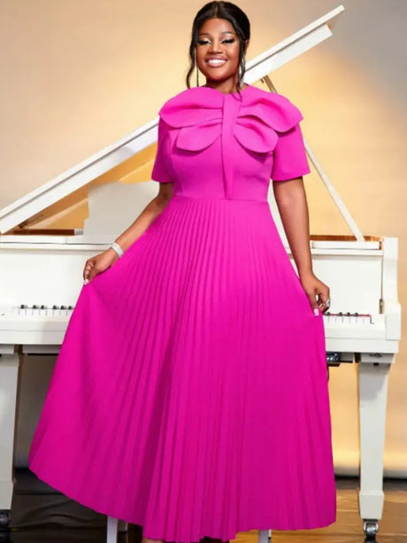 AOMEIDRESS Rose Casual Dresses O Neck Ankle Length Short Sleeves Pleated Big Bow