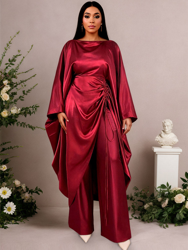 AOMEIDRESS Satin Two Piece Set Batwing Sleeve Dressy Wide Leg Pants