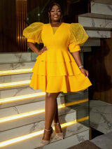 AOMEIDRESS V Neck Puff Sleeve A Line Tiered Wedding Guest Dress

