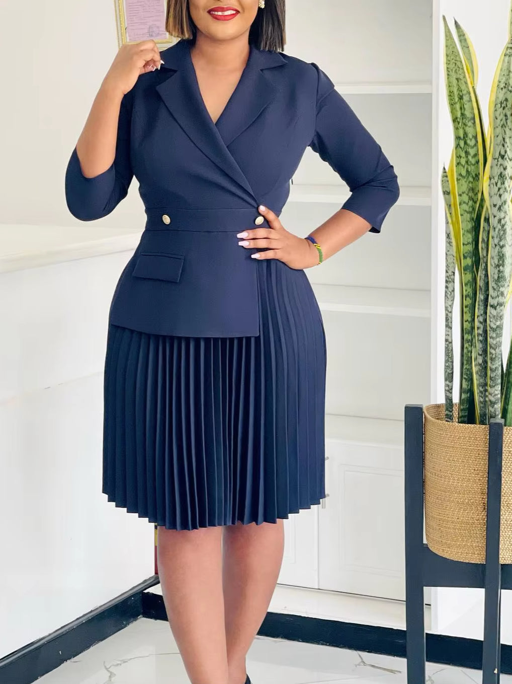 Elegant Dress For Women Notched Collar Three Quarter Sleeve Pleated
