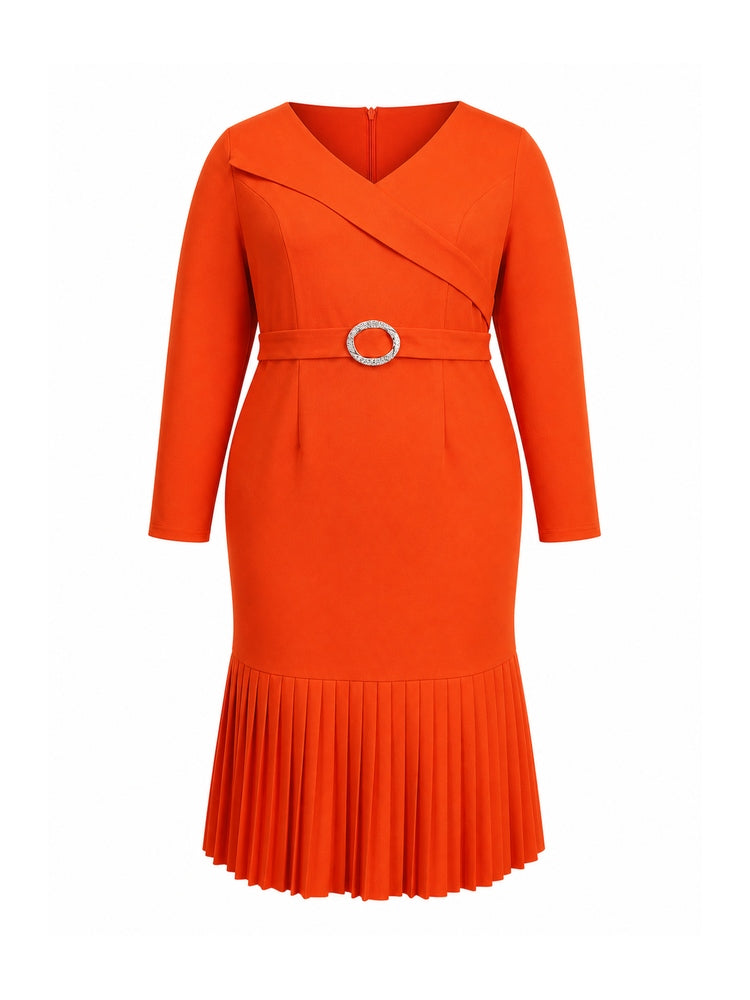 AOMEIDRESS Mermaid Dress V Neck Long Sleeve Belt Package Hip Pleated
