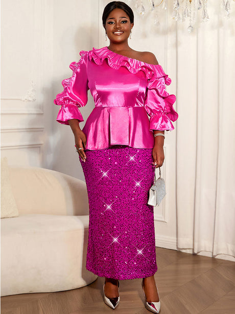AOMEIDRESS Rose Satin One Shoulder Ruffled Top and Sequin Skirt Set Rose / L