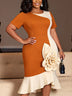 AOMEIDRESS Colorblock Mermaid Dress O Neck Short Sleeve Big 3D Flower