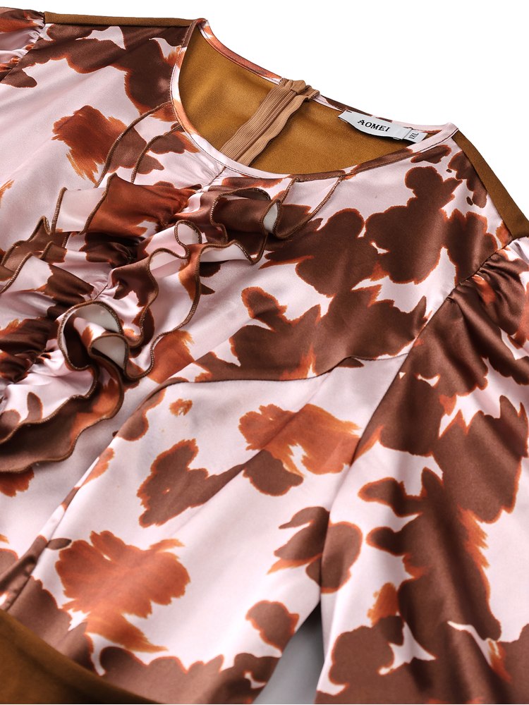 AOMEIDRESS Women Printed Dress Ruffle O Ncek Puff Sleeve Peplum Belt