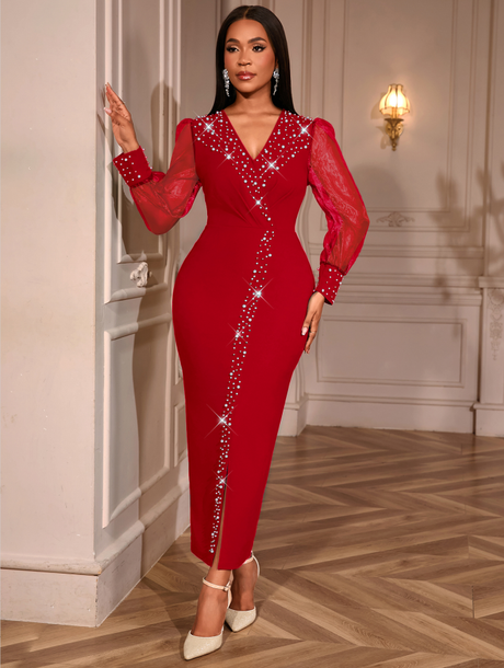 AOMEIDRESS Luxury Beading Dress with Sheer Sleeve for Wedding Party