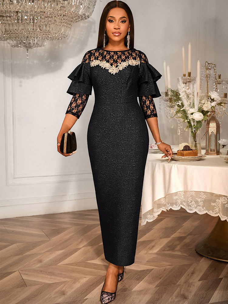 AOMEIDRESS Black Jacquard Lace Bodycon Dress Evening Cocktial Gowns