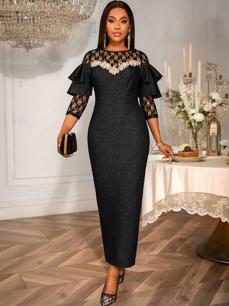 AOMEIDRESS Black Jacquard Lace Bodycon Dress Evening Cocktial Gowns