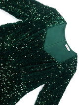 AOMEIDRESS Green Velvet Sequins a line Dress Long Sleeve Tulle Ruffle