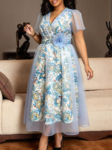 AOMEIDRESS A Line Dress Print Mesh V Neck Butterfly Sleeve 3D Flower