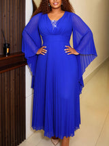 AOMEIDRESS Pleated Chiffon Prom Dress V Neck Beading Batwing Sleeves