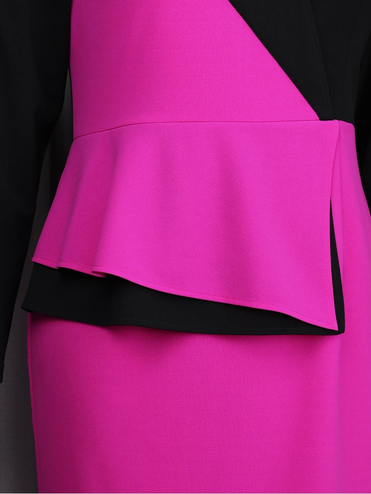 AOMEIDRESS Elegant Women Colorblock Dress V Neck Long Sleeve Peplum