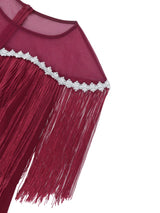 AOMEIDRESS Burgundy Party Dresses O Neck Tulle Patchwork Fringe