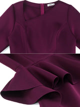 AOMEIDRESS Purple Pencil Dress Asymmetrical Neck Long Sleeves Ruffles