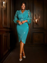 AOMEIDRESS Elegant Beading Evening Dress Sheer Sleeve Waist Belt Slit