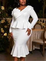 AOMEIDRESS Elegant Mermaid Dress V Neck Long Sleeve Ruffle Peplum