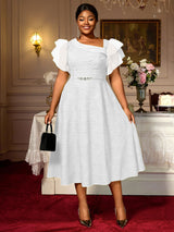 AOMEIDRESS Elegant Green Knit Dress Organza Ruffle Sleeve For Party