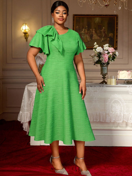 AOMEIDRESS Elegant A Line Dress Skew Collar Ruffle Sleeve Causal Wear Green / S