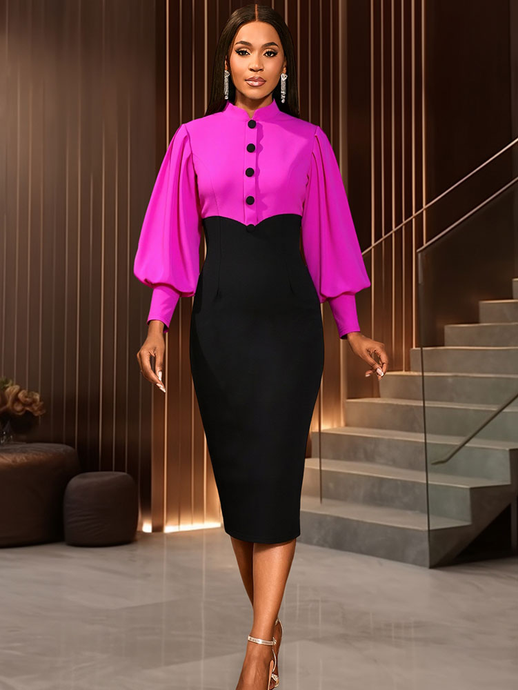 AOMEIDRESS Elegant Color Block Dress with Puff Sleeve For Party Office