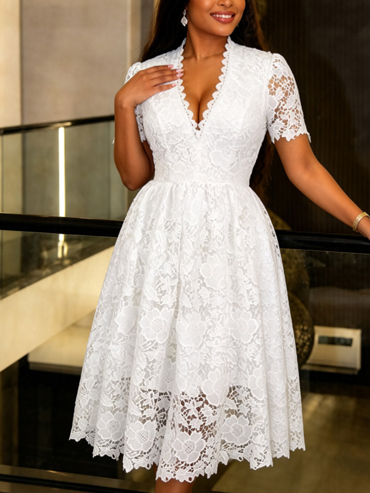 AOMEIDRESS Lace Midi A-line Dress V Neck Short Sleeve Wedding Party