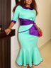 AOMEIDRESS Satin Mermaid Dresses Colorblock Half Sleeves Peplum Party