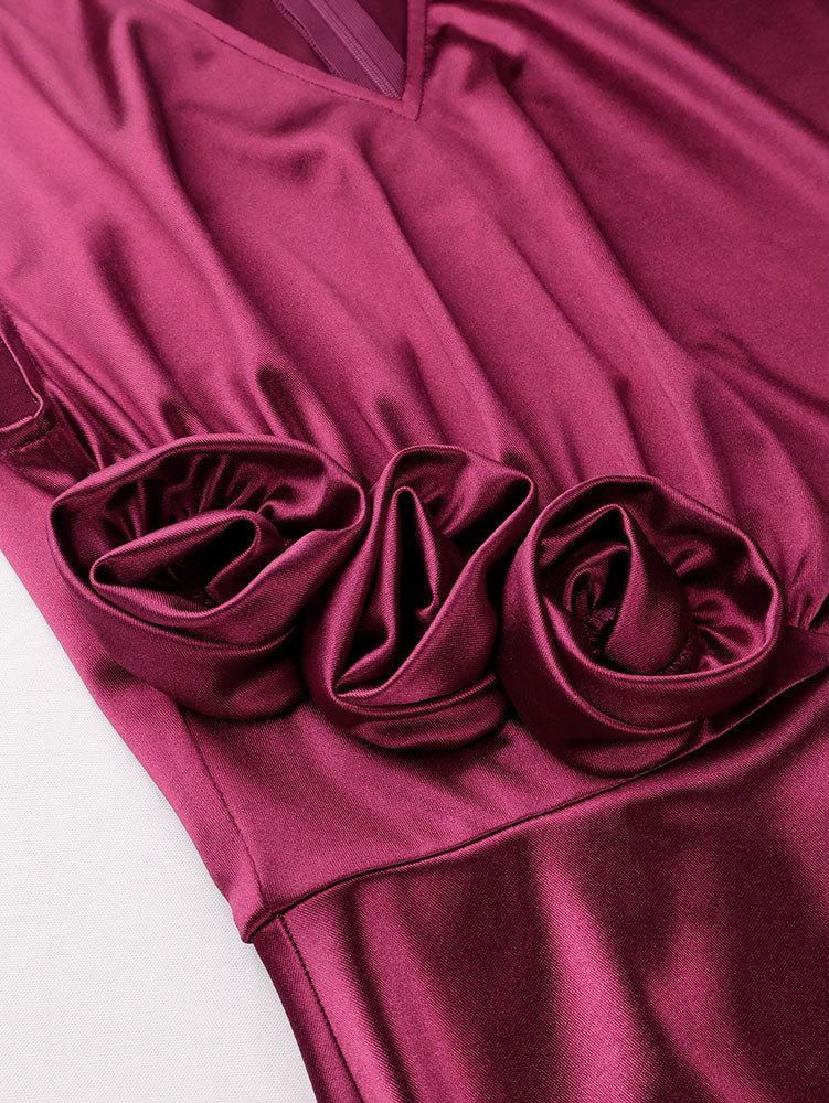 AOMEIDRESS Elegant Satin Sleeveless Dress Side Slit 3D Flower Gowns