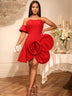 AOMEIDRESS Stylish Birthday Party Mini Off Shoulder Dress 3D Flower Red / S