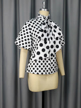 AOMEIDRESS Elegant Polka Dot Causal Blouse Bow Neck Short Sleeves