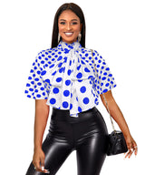 AOMEIDRESS Elegant Polka Dot Causal Blouse Bow Neck Short Sleeves