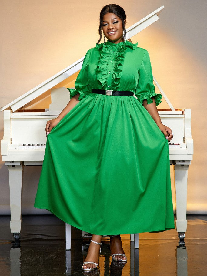 green ruffles a line dresses for women