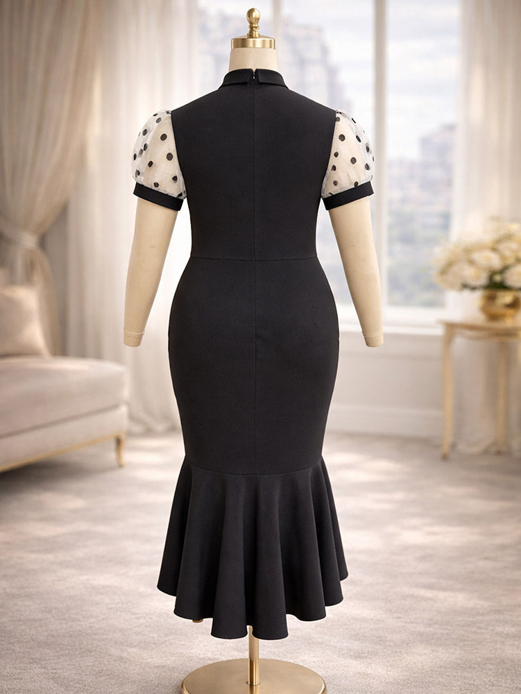 AOMEIDRESS Mermaid Dress Patchwork Sheer Mesh Dot Short Puff Sleeves