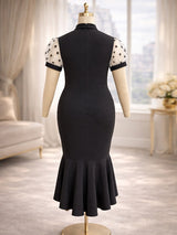 AOMEIDRESS Mermaid Dress Patchwork Sheer Mesh Dot Short Puff Sleeves
