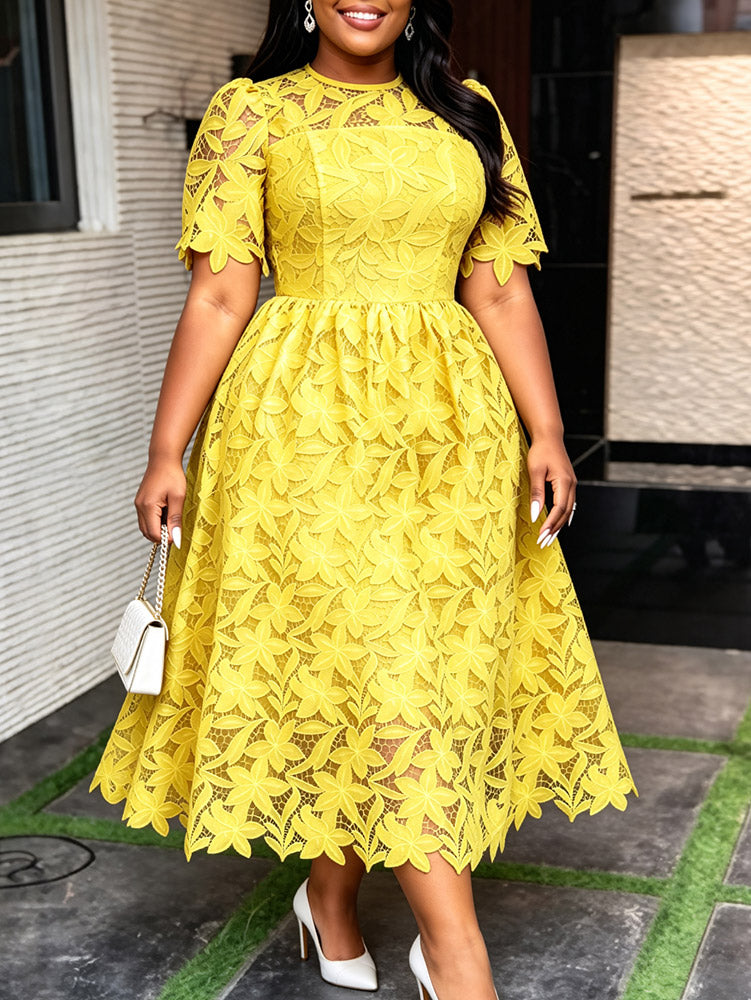 AOMEIDRESS Elegant A Line Lace Dress O Neck Hollow Out Short Sleeves