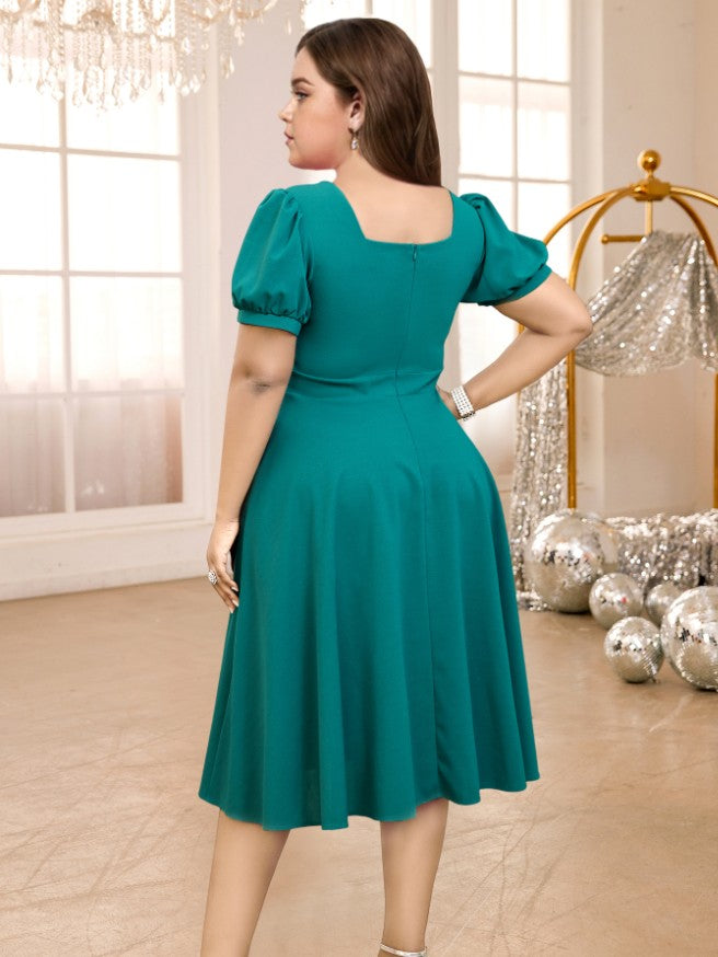 high waist green a line dress