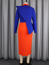 AOMEIDRESS Bodycon Dress Contrast Collar Long Sleeve Peplum Office