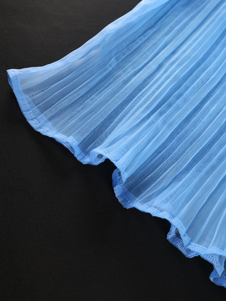 AOMEIDRESS Sheer Blue Mesh Top with 3D Floral Applique Wide Sleeves