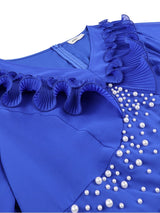 AOMEIDRESS Chiffon Dress V Neck Ruffle Long Sleeve Pleated Rhinestone