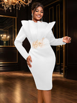 AOMEIDRESS Elegant Midi Embroidery Church Dress Long Sleeve O Neck